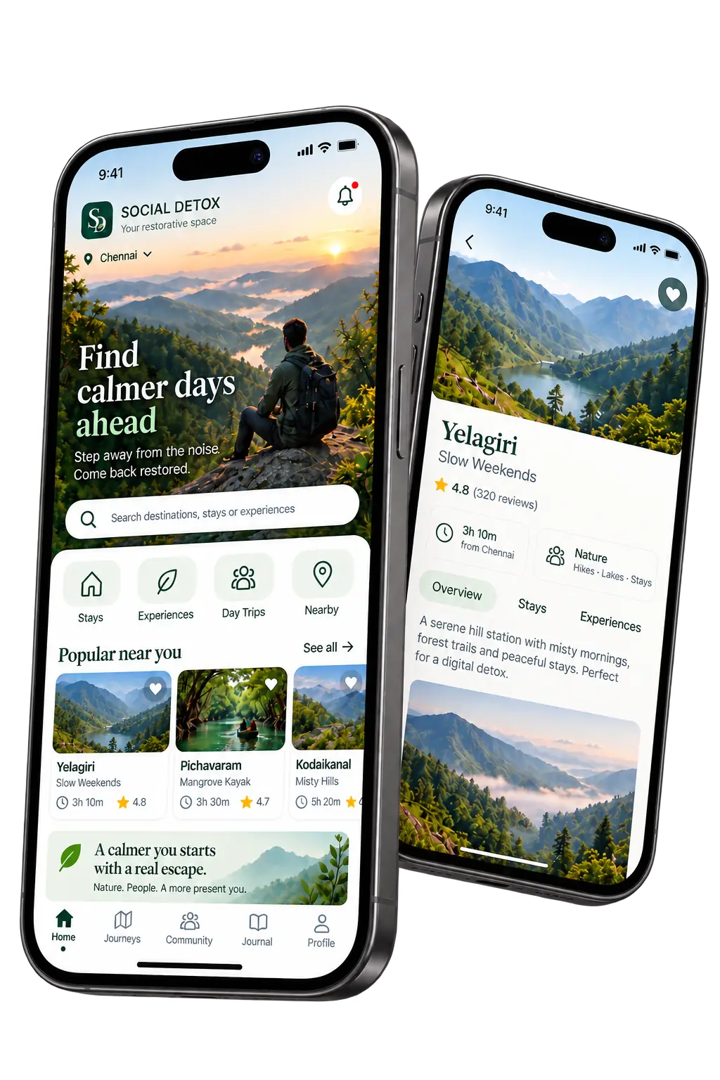 Social Detox mobile app home and Yelagiri stay-detail screens shown on two phones