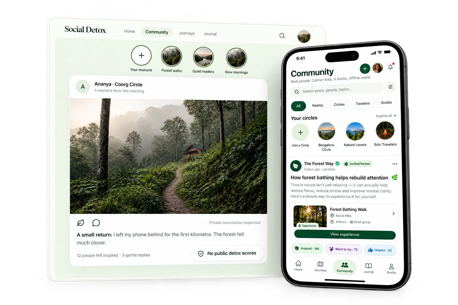Social Detox community shown on a web feed and the matching mobile app