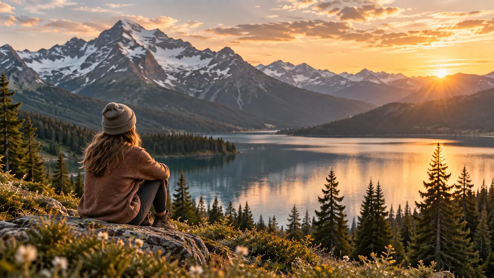 A woman enjoying quiet time beside a mountain lake at sunset