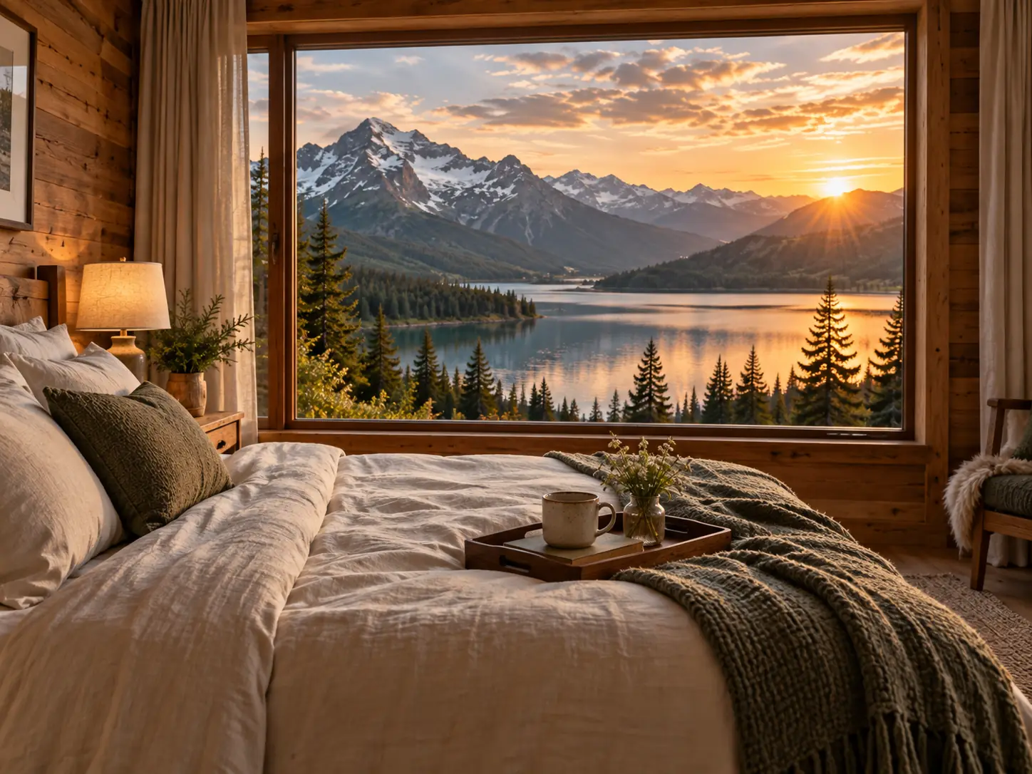 A peaceful timber cabin bedroom overlooking a mountain lake