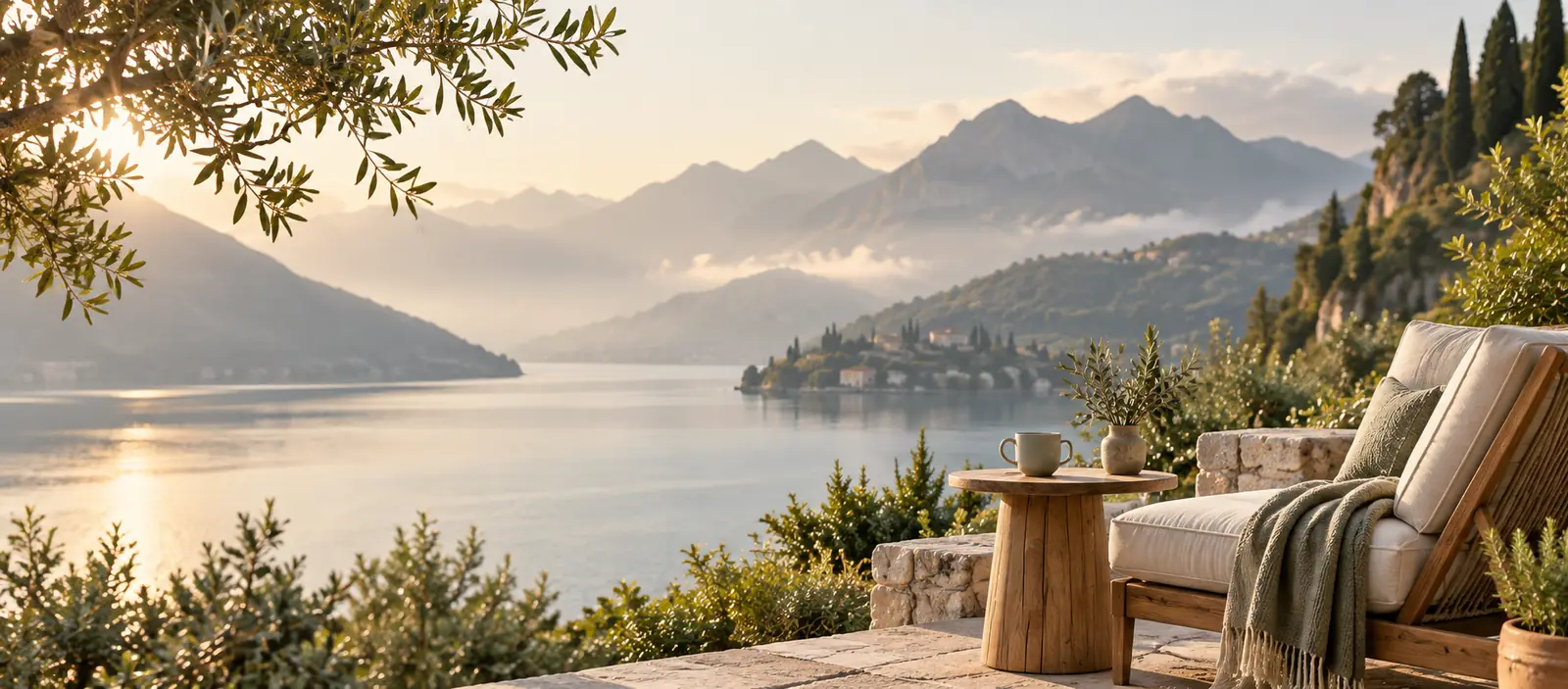 A peaceful lakeside terrace with mountain views, a lounge chair and morning tea